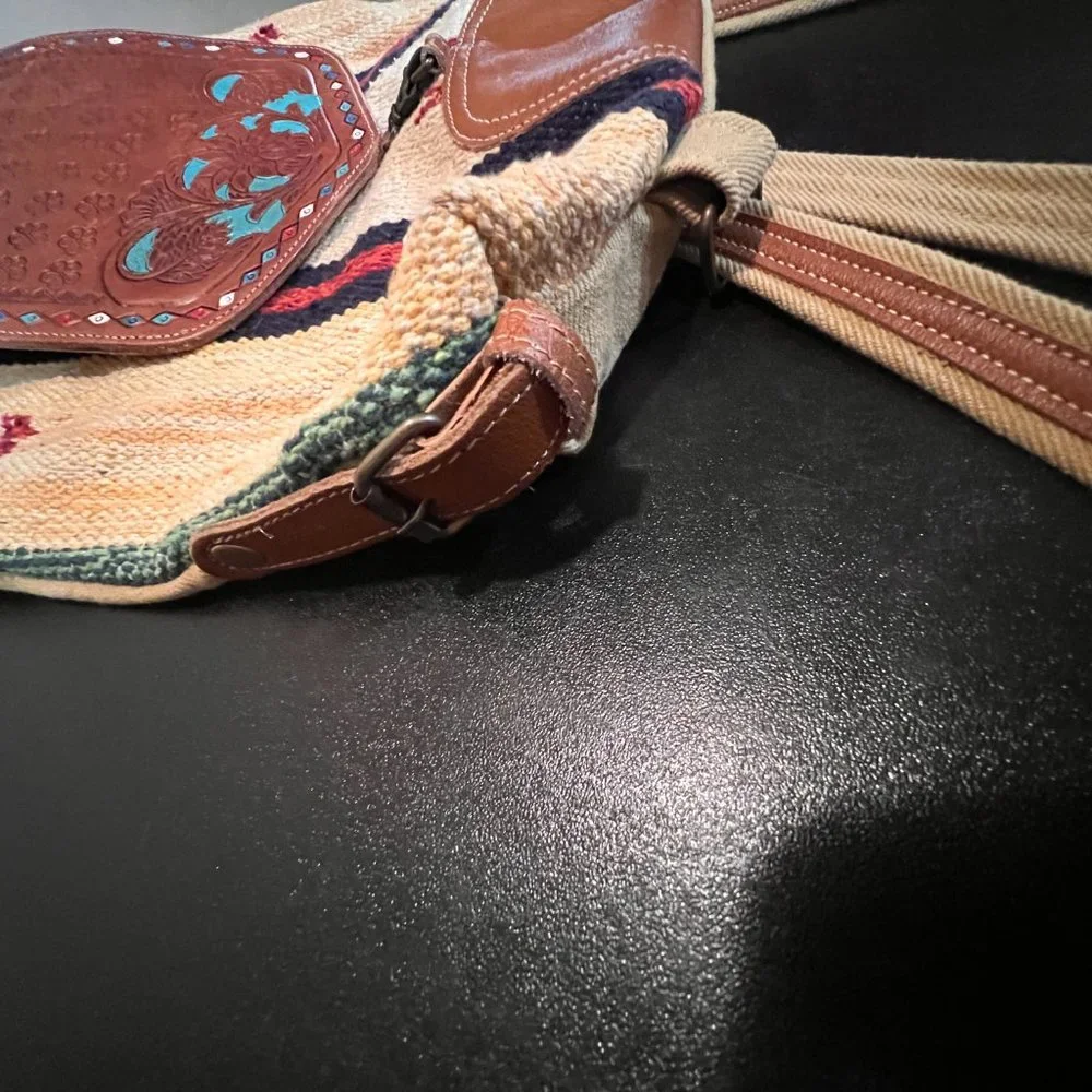 Boho western woven backpack tooled leather flap Aztec southwestern festival bag